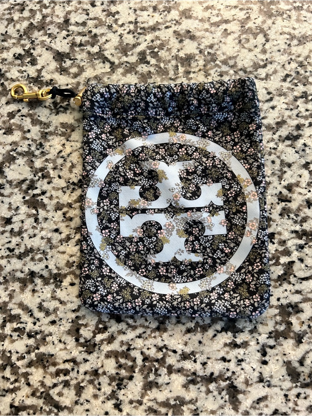 Tory Burch Black Floral Logo Key Pouch with Gold Clip